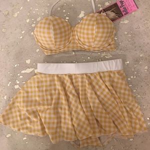 Bettie Page yellow & white gingham skirted bikini